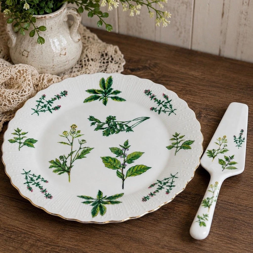 VTG 70s Andrea by Sadek Herbs de Provence Cake Plate & Server Set NIB Porcelain